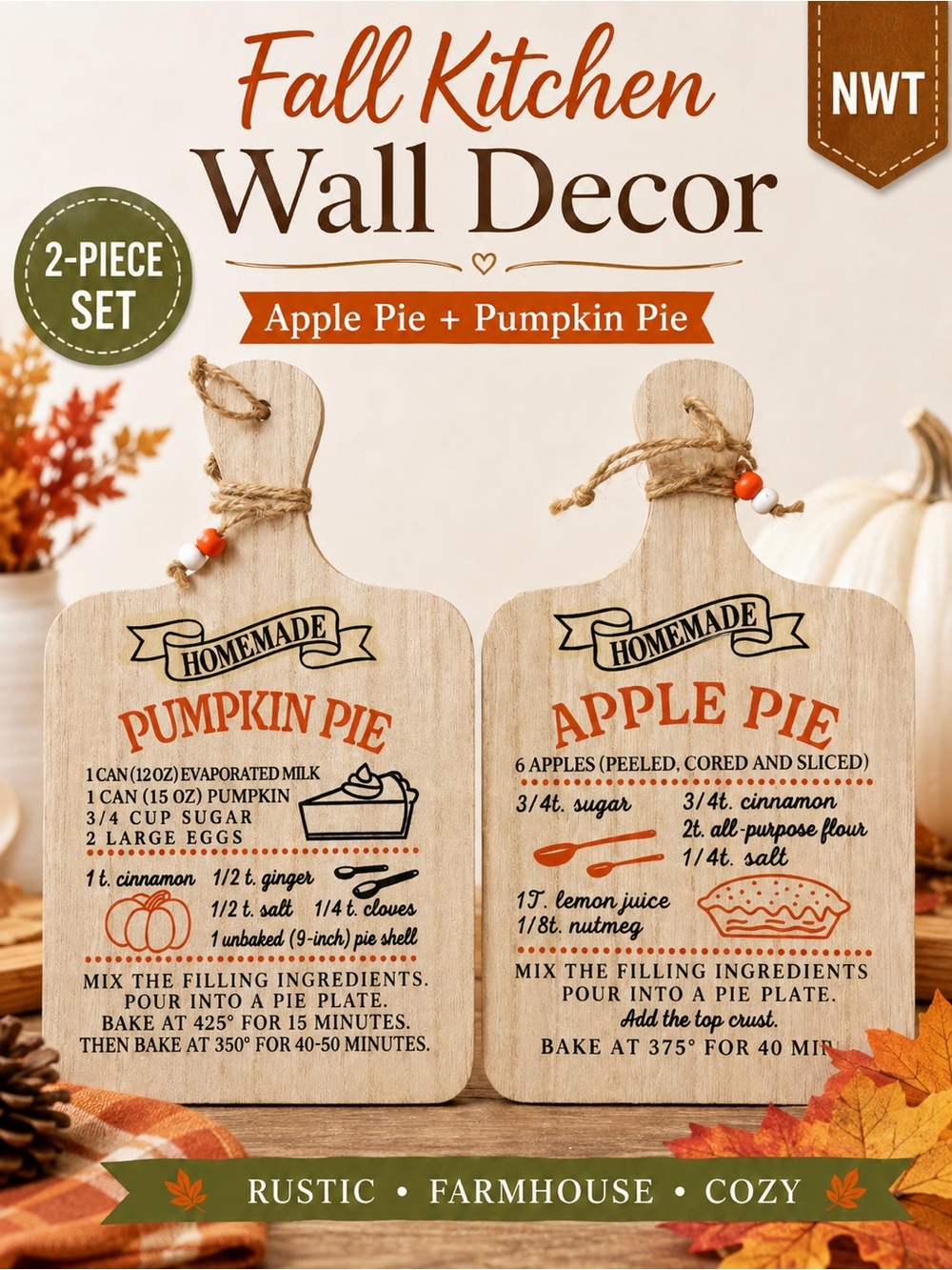 Perfect Harvest Apple Pumpkin Pie Recipe Wall Decor Set Farmhouse Fall NWT
